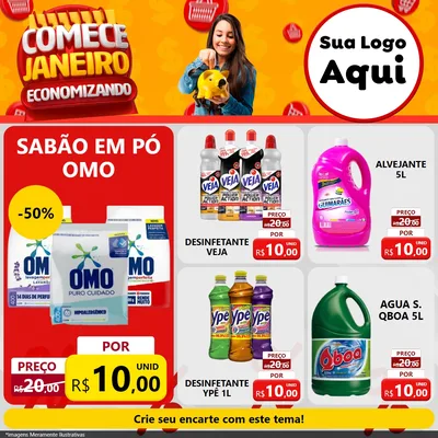 Modelo de Rede Social para Feed Facebook com o tema Comece Janeiro Economizando para Produtos de Limpeza