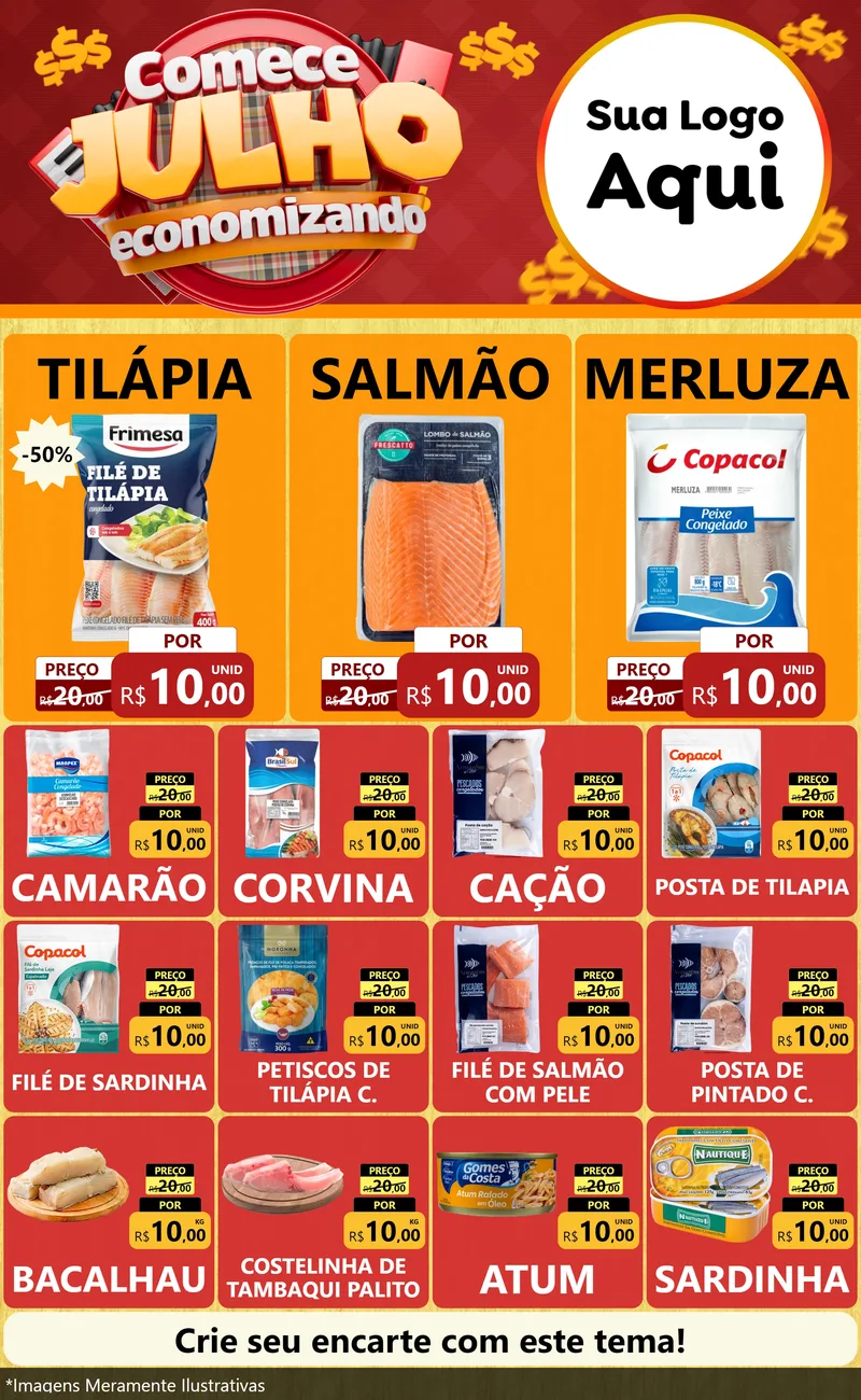 Modelo de Encarte para Encarte Grande com o tema Comece Julho Economizando para Peixaria