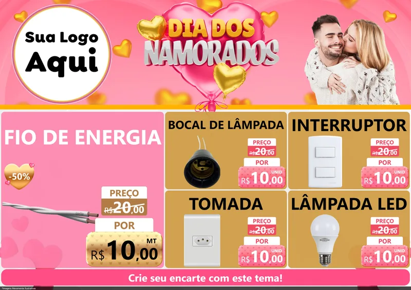 Modelo de Encarte para Encarte A4 Horizontal com o tema Dia dos Namorados para Materiais Elétricos