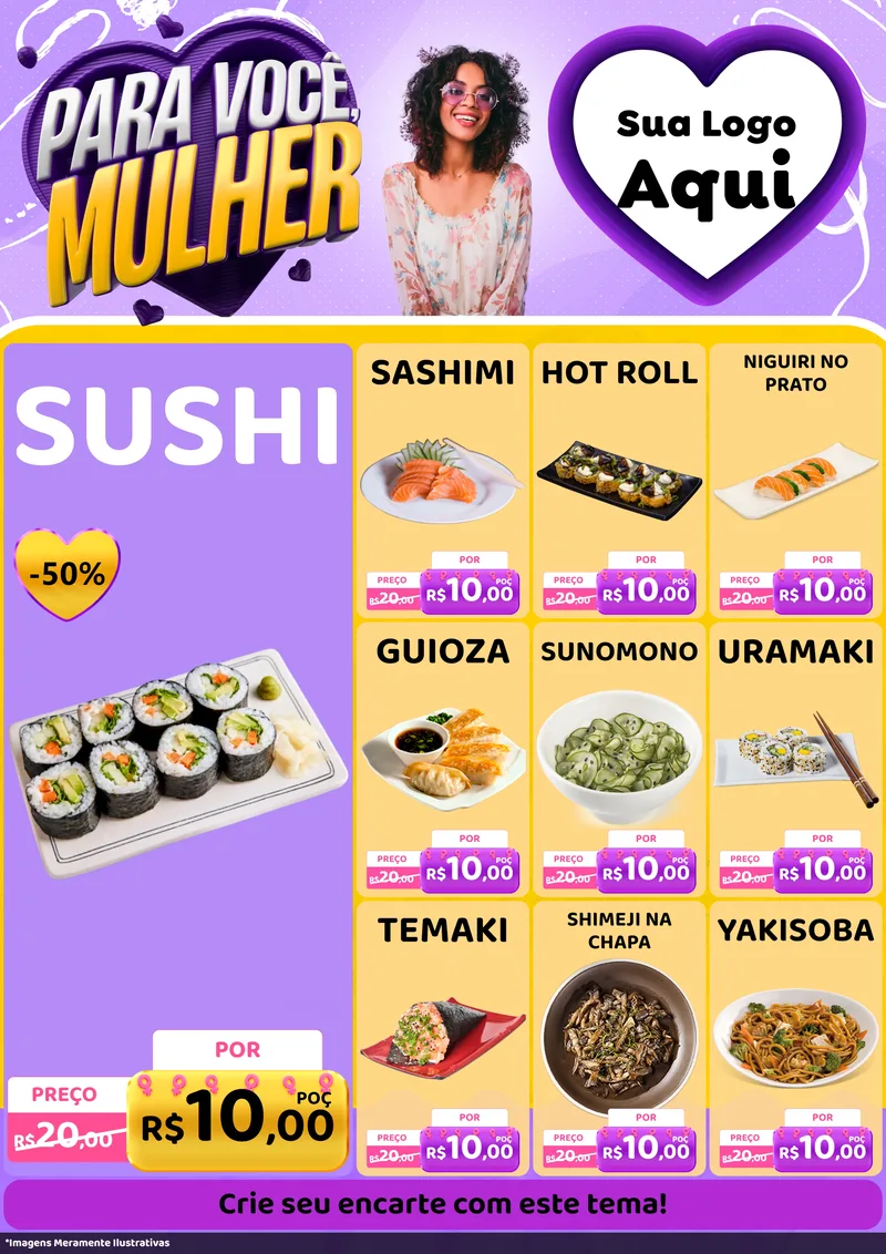 Modelo de Encarte para Encarte A4 Vertical com o tema Para Você, Mulher para Comida japonesa
