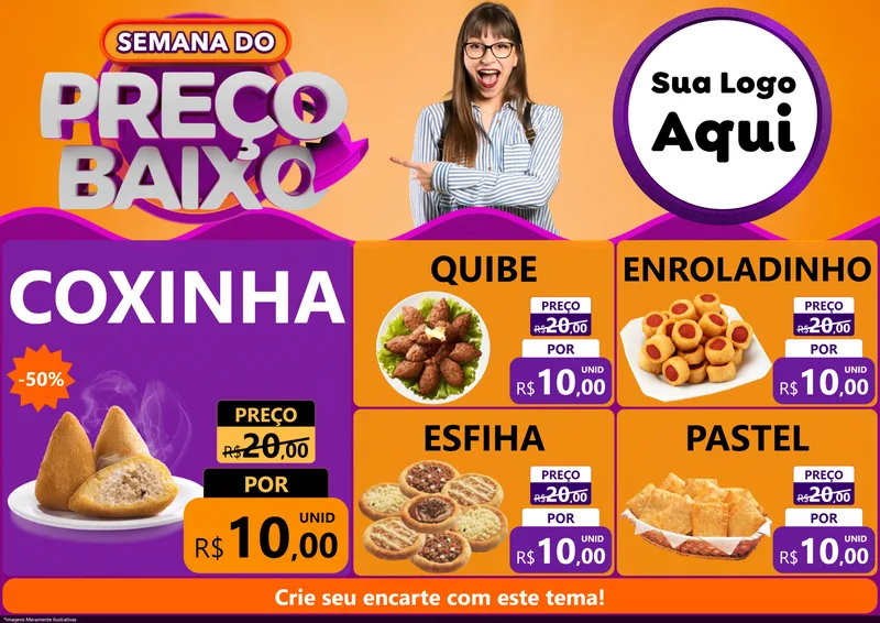 Modelo de Encarte para Encarte A4 Horizontal com o tema Semana do Preço Baixo para Salgadaria