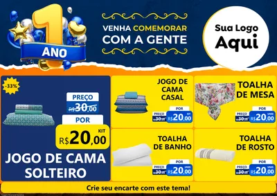 Modelo de Encarte para Encarte A4 Horizontal com o tema Um Ano de Aniversário para Cama, Mesa e Banho