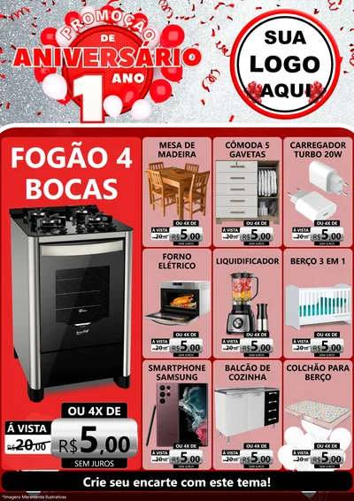 Modelo de Encarte para Encarte A4 Vertical com o tema Promoção de Aniversário - 1 Ano para Móveis e Eletro