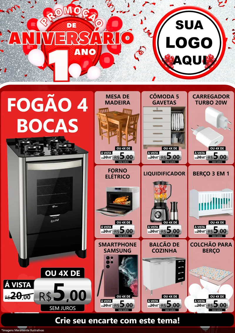 Modelo de Encarte para Encarte A4 Vertical com o tema Promoção de Aniversário - 1 Ano para Móveis e Eletro