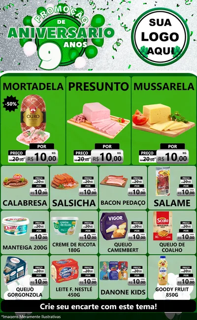 Modelo de Encarte para Encarte Grande com o tema Promoção de Aniversário - 9 Anos para Frios e Laticínios