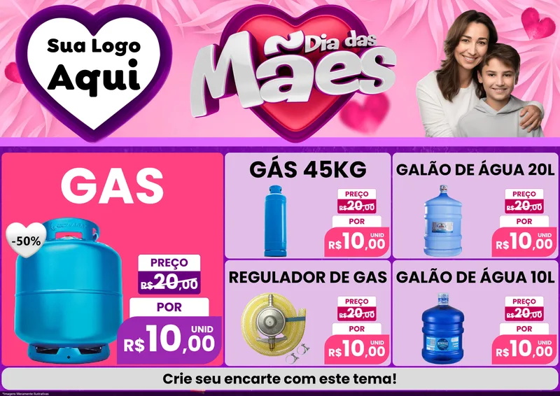 Modelo de Encarte para Encarte A4 Horizontal com o tema Dia das Mães para Água e gás