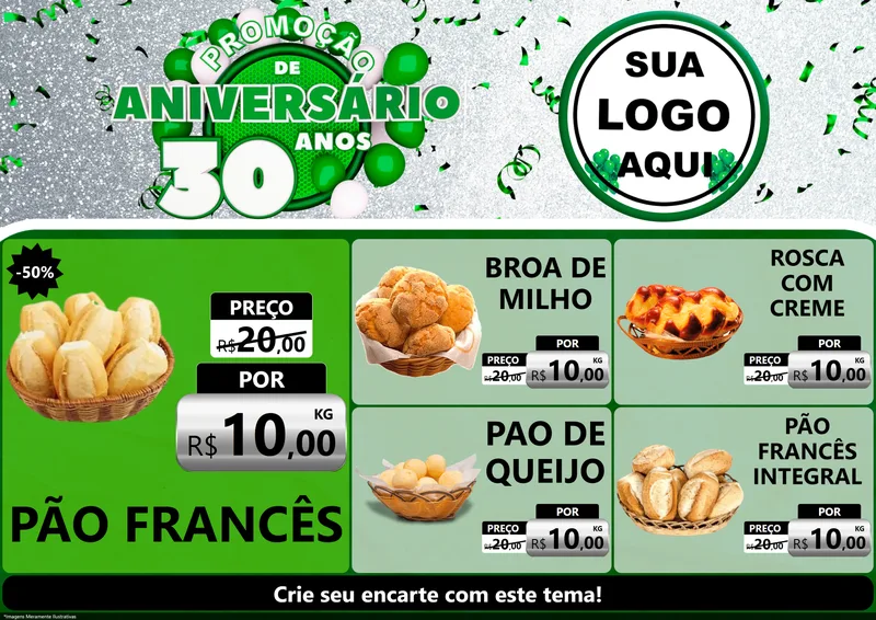 Modelo de Encarte para Encarte A4 Horizontal com o tema Promoção de Aniversário - 30 Anos para Padaria