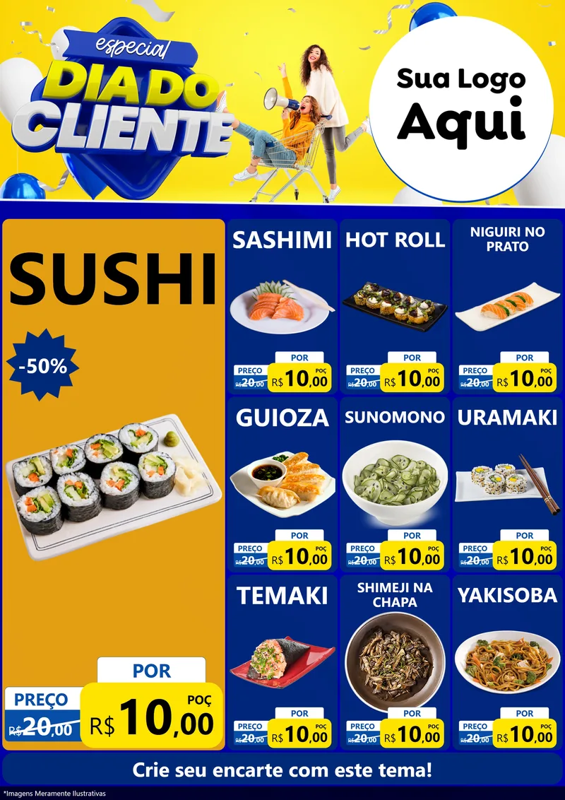 Modelo de Encarte para Encarte A4 Vertical com o tema Especial Dia do Cliente para Comida japonesa
