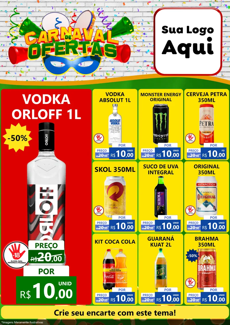 Modelo de Encarte para Encarte A4 Vertical com o tema Carnaval de Ofertas para Distribuidora de bebidas