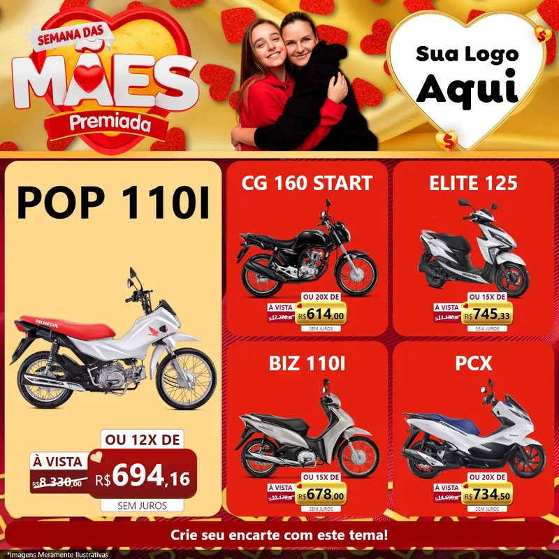 Modelo de Rede Social para Feed Facebook com o tema Semana das Mães Premiada para Concessionaria de Motos
