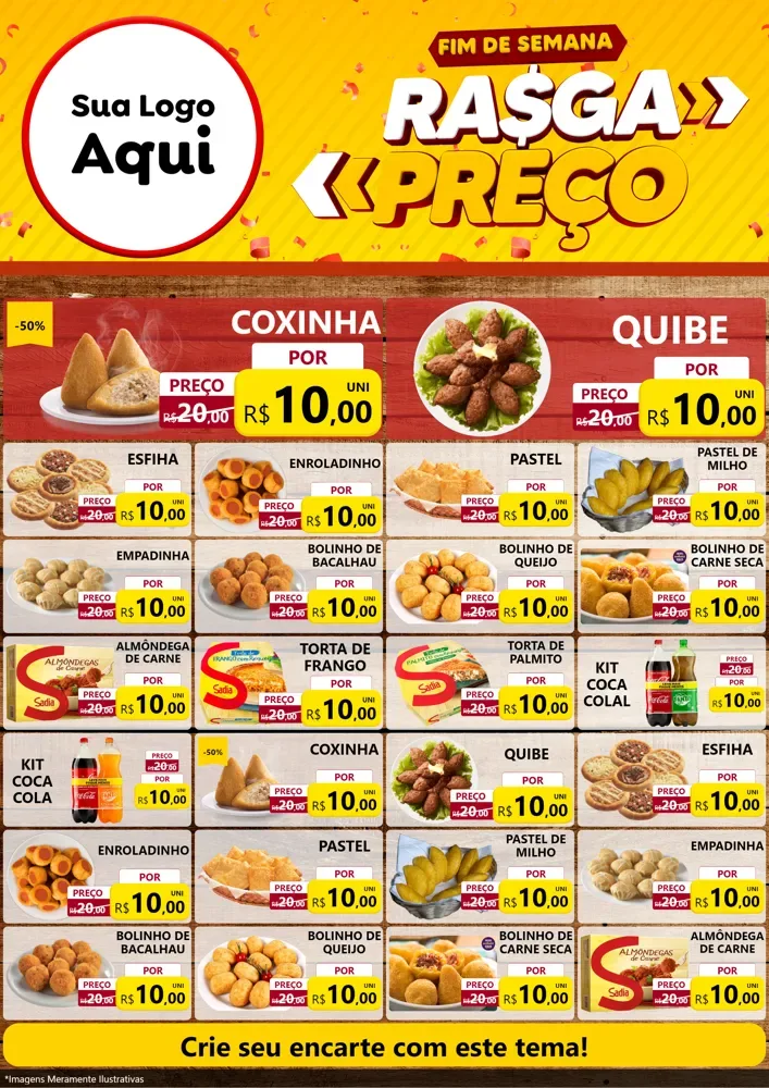 Modelo de Encarte para Encarte A4 Vertical com o tema Fim de Semana Rasga Preços para Salgadaria