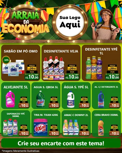 Modelo de Rede Social para Feed Instagram com o tema Arraiá de Economia para Produtos de Limpeza