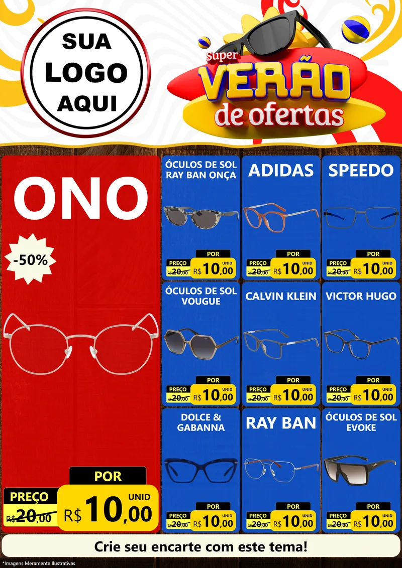 Modelo de Encarte para Encarte A4 Vertical com o tema Super Verão de Ofertas para Óticas