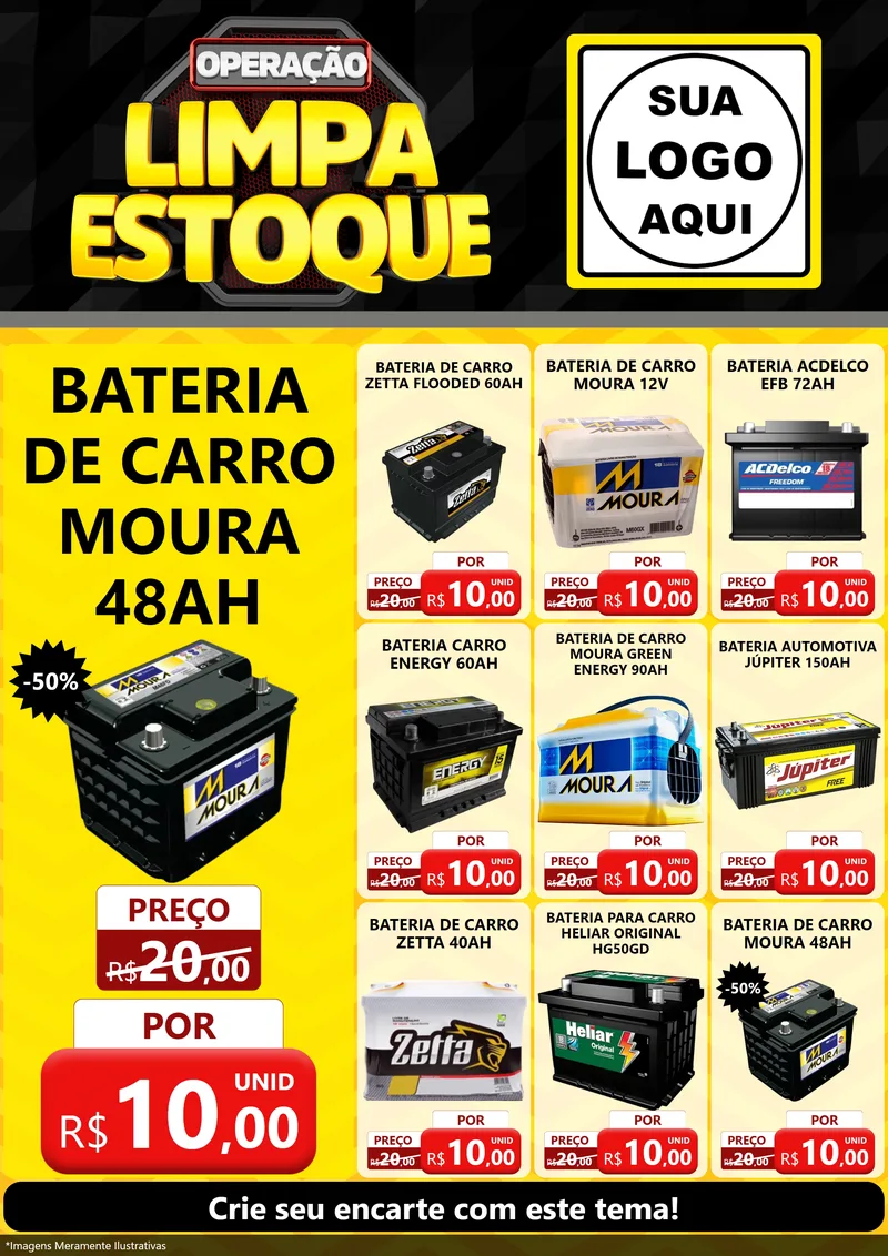 Modelo de Encarte para Encarte A4 Vertical com o tema Operação Limpa Estoque para Baterias Elétricas