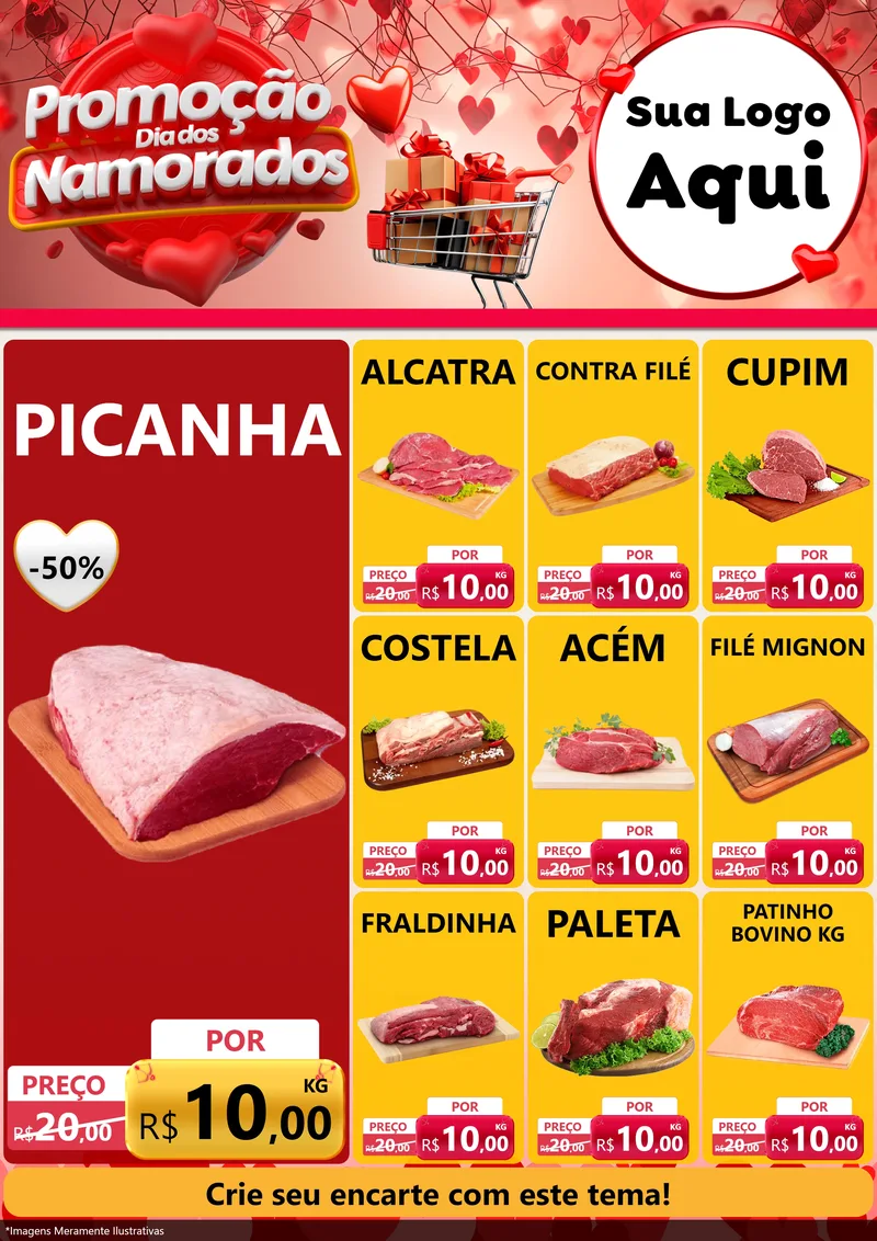 Modelo de Encarte para Encarte A4 Vertical com o tema Promoção Dia dos Namorados para Açougue
