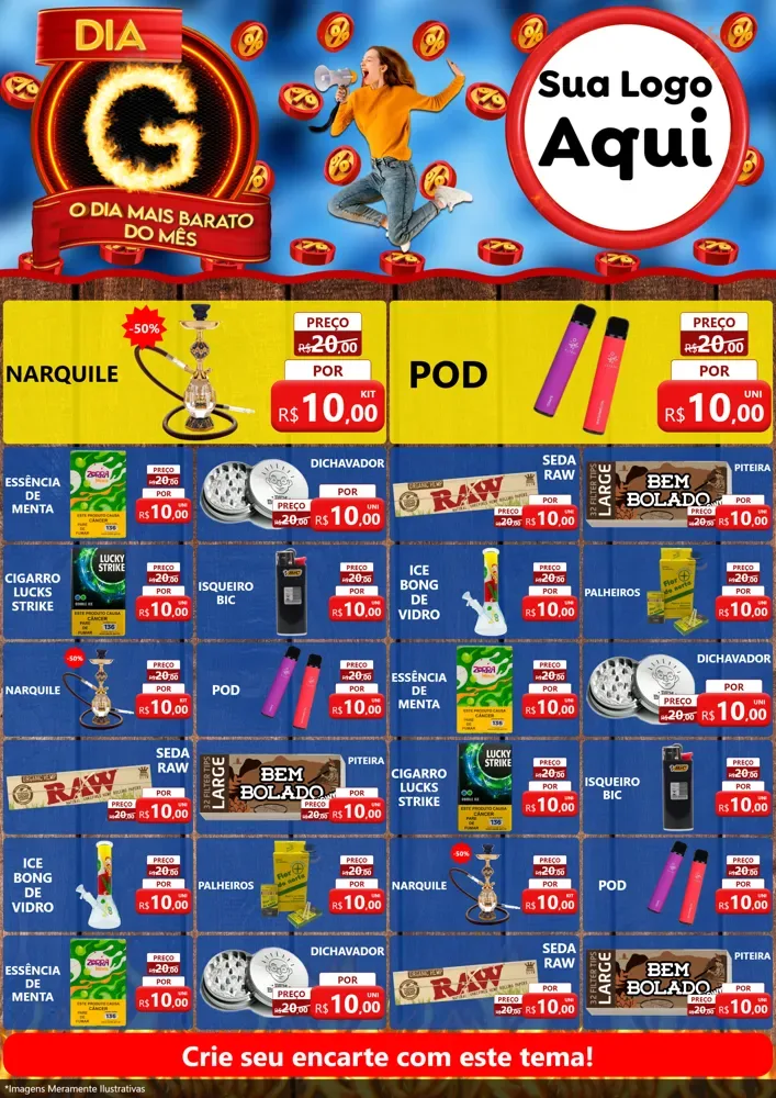 Modelo de Encarte para Encarte A4 Vertical com o tema Dia G - O Dia Mais Barato Do Mês para Tabacaria