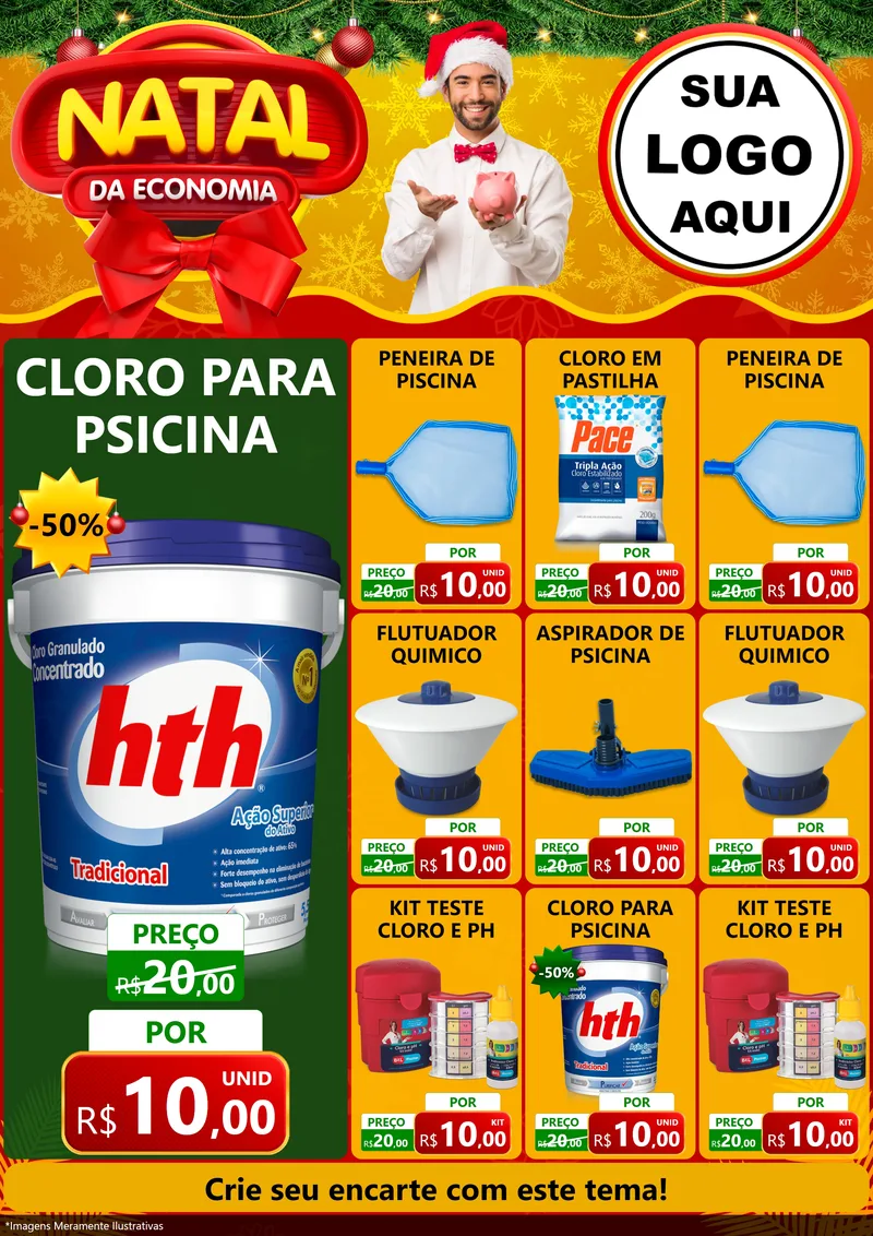 Modelo de Encarte para Encarte A4 Vertical com o tema Natal da Economia para Produtos para Piscina