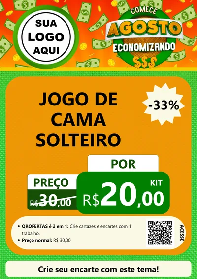 Modelo de Cartaz para Cartaz A4 Vertical com o tema Comece Agosto Economizando para Cama, Mesa e Banho