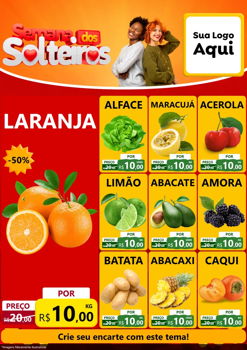 Modelo de Encarte para Encarte A4 Vertical com o tema Semana dos Solteiros para Hortifrúti