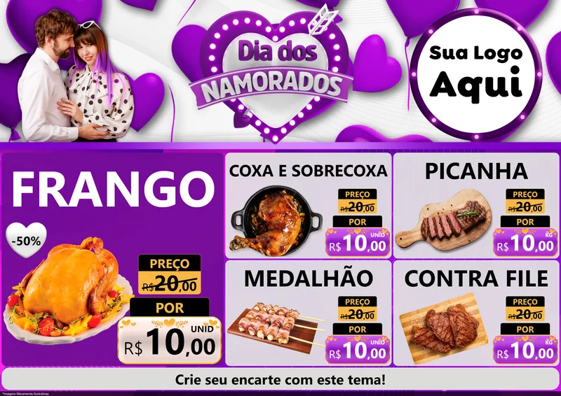 Modelo de Encarte para Encarte A4 Horizontal com o tema Dia dos Namorados para Assados