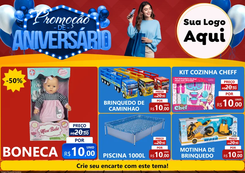 Modelo de Encarte para Encarte A4 Horizontal com o tema Promoção de Aniversário para Brinquedos