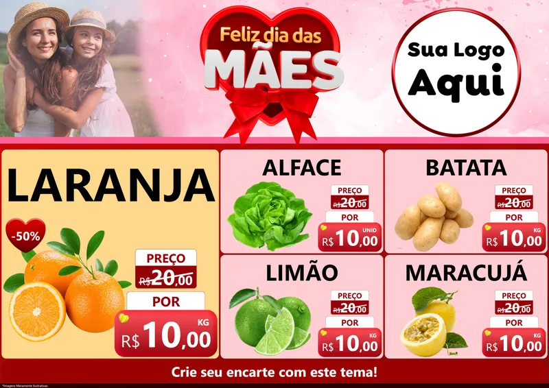 Modelo de Encarte para Encarte A4 Horizontal com o tema Feliz Dia Das Mães para Hortifrúti