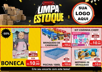 Modelo de Encarte para Encarte A4 Horizontal com o tema Operação Limpa Estoque para Brinquedos
