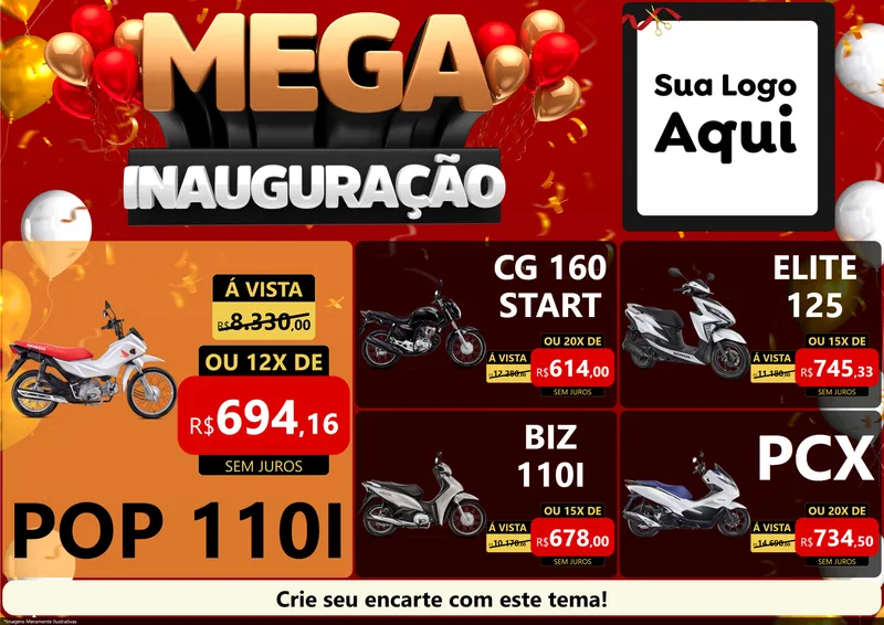 Modelo de Encarte para Encarte A4 Horizontal com o tema Mega Inauguração para Concessionaria de Motos