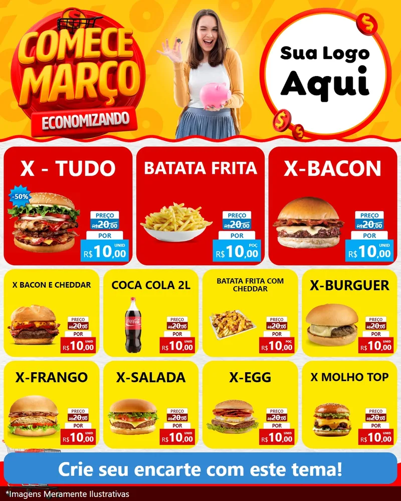 Modelo de Rede Social para Feed Instagram com o tema Comece Março Economizando para Hamburgueria