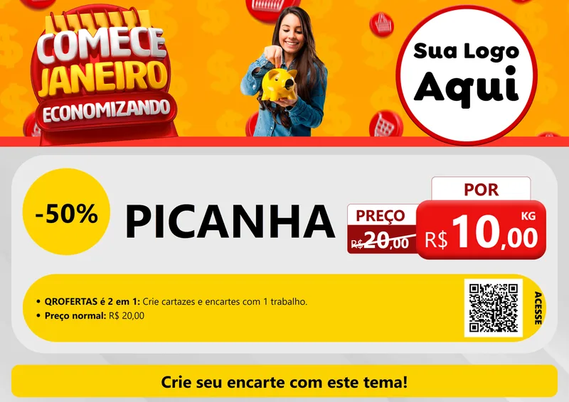 Modelo de Cartaz para Cartaz A4 Horizontal com o tema Comece Janeiro Economizando para Açougue