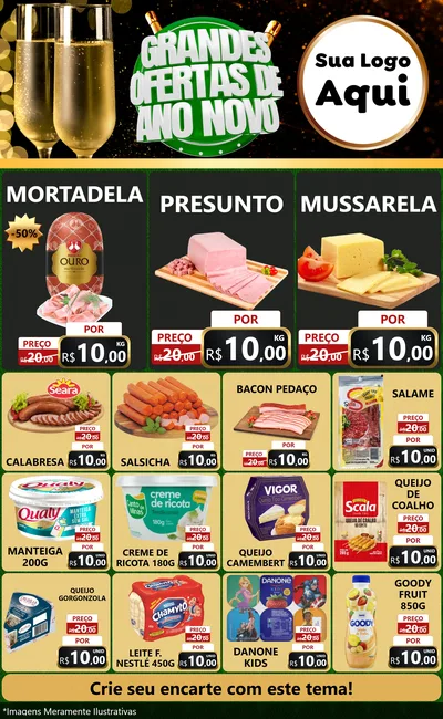 Modelo de Encarte para Encarte Grande com o tema Grandes Ofertas de Ano Novo para Frios e Laticínios