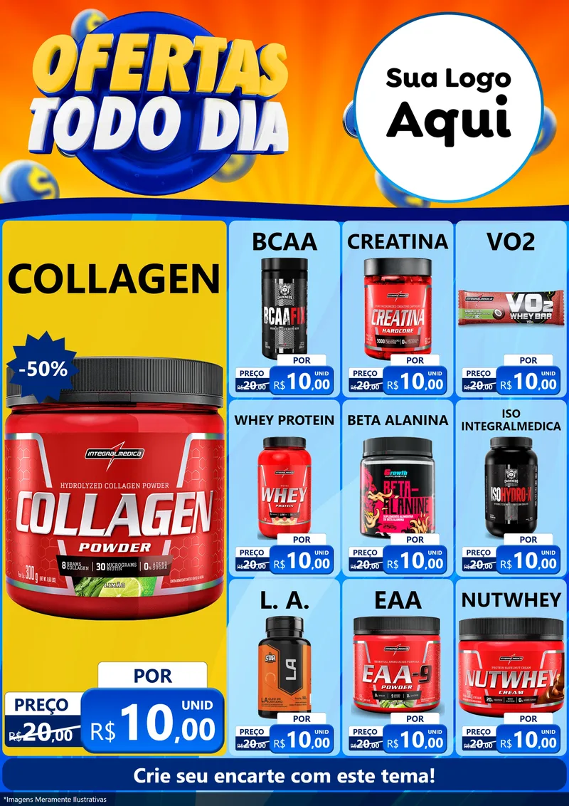 Modelo de Encarte para Encarte A4 Vertical com o tema Ofertas Todo Dia para Suplementos alimentares