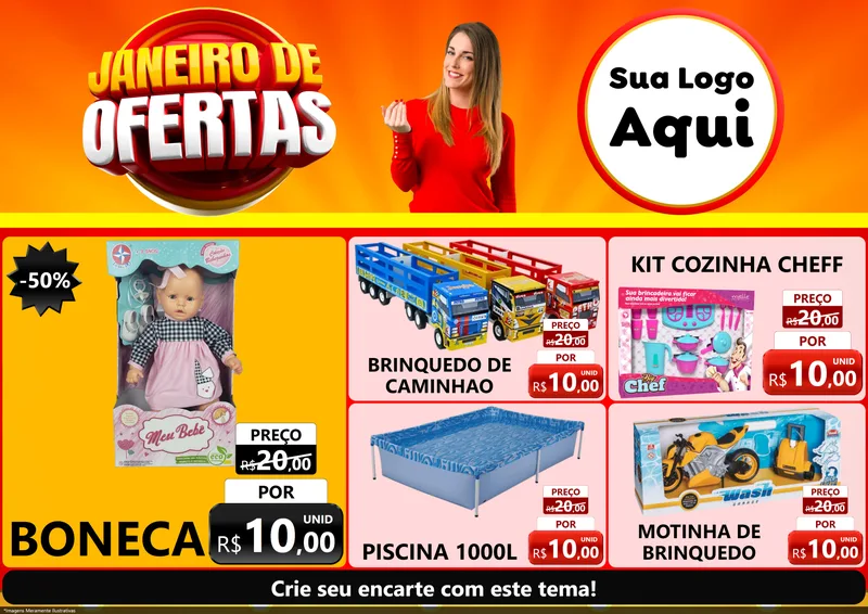 Modelo de Encarte para Encarte A4 Horizontal com o tema Janeiro de Ofertas para Brinquedos