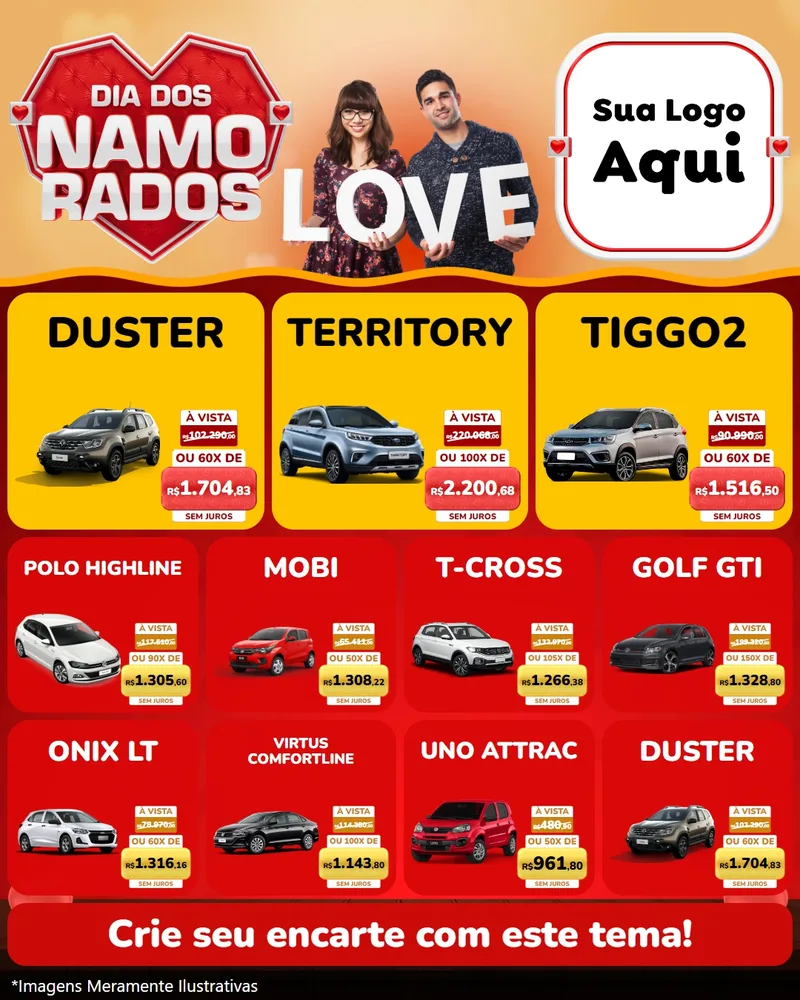 Modelo de Rede Social para Feed Instagram com o tema Dia dos Namorados para Concessionaria de Carros