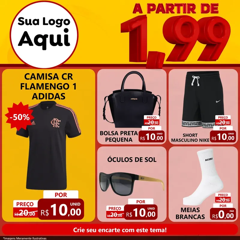 Modelo de Rede Social para Feed Facebook com o tema A Partir de Um e Noventa e Nove - 1,99 para Roupas e acessórios