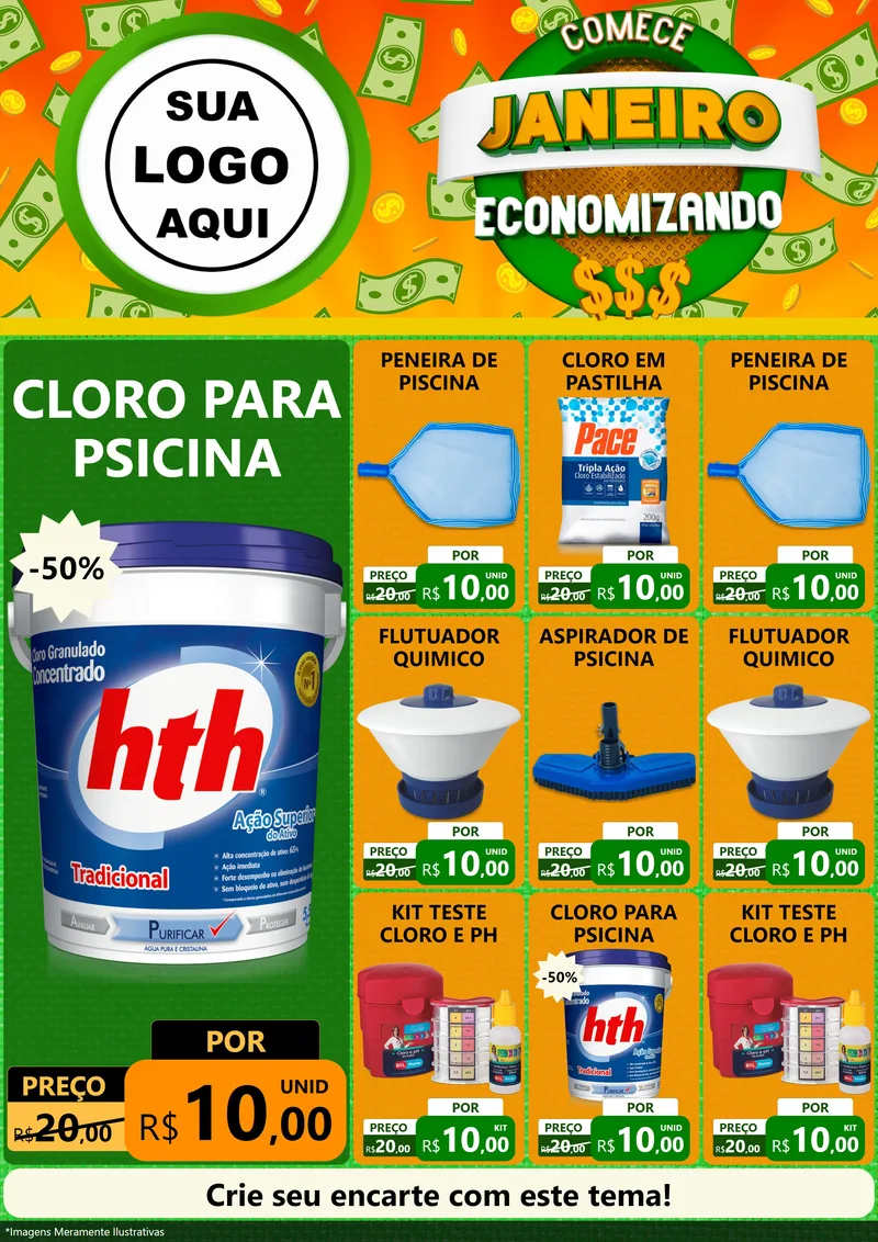 Modelo de Encarte para Encarte A4 Vertical com o tema Comece Janeiro Economizando para Produtos para Piscina