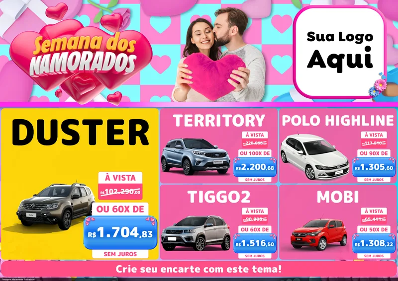 Modelo de Encarte para Encarte A4 Horizontal com o tema Semana dos Namorados para Concessionaria de Carros