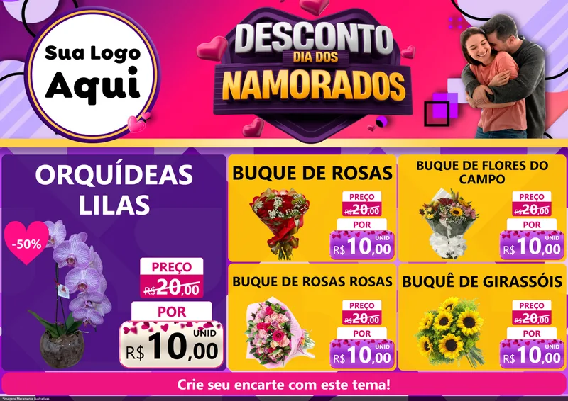 Modelo de Encarte para Encarte A4 Horizontal com o tema Desconto Dia dos Namorados para Floricultura e jardim