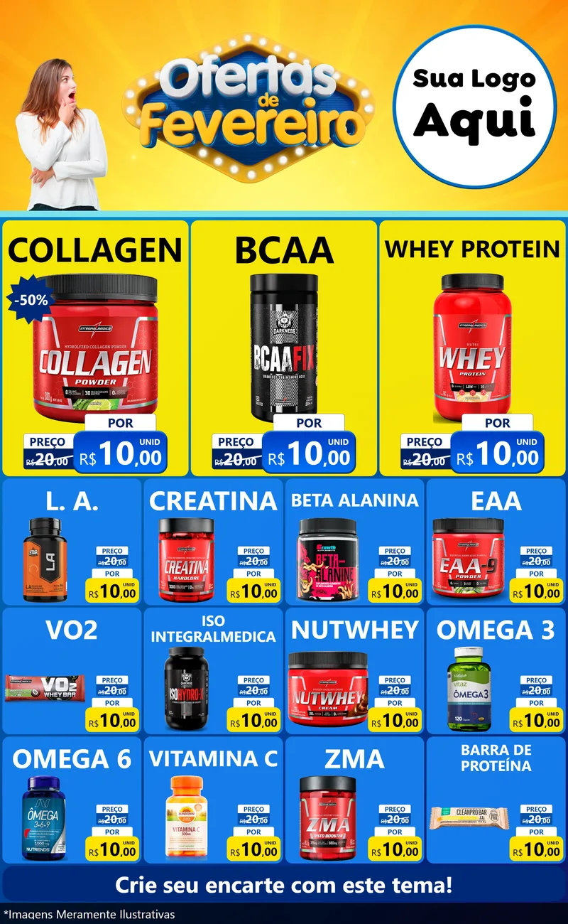 Modelo de Encarte para Encarte Grande com o tema Ofertas de Fevereiro para Suplementos alimentares