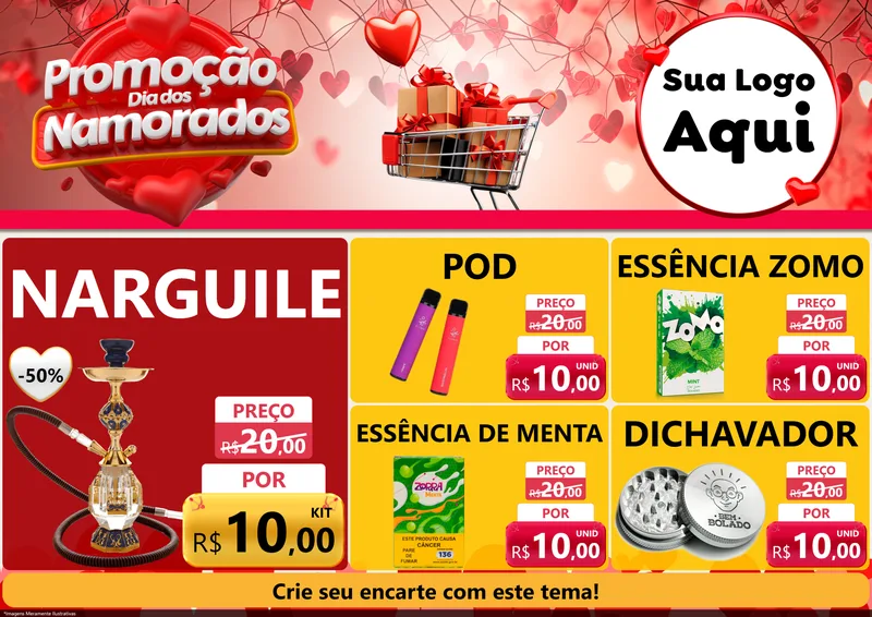 Modelo de Encarte para Encarte A4 Horizontal com o tema Promoção Dia dos Namorados para Tabacaria