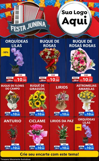 Modelo de Encarte para Encarte Grande com o tema Festa Junina para Floricultura e jardim