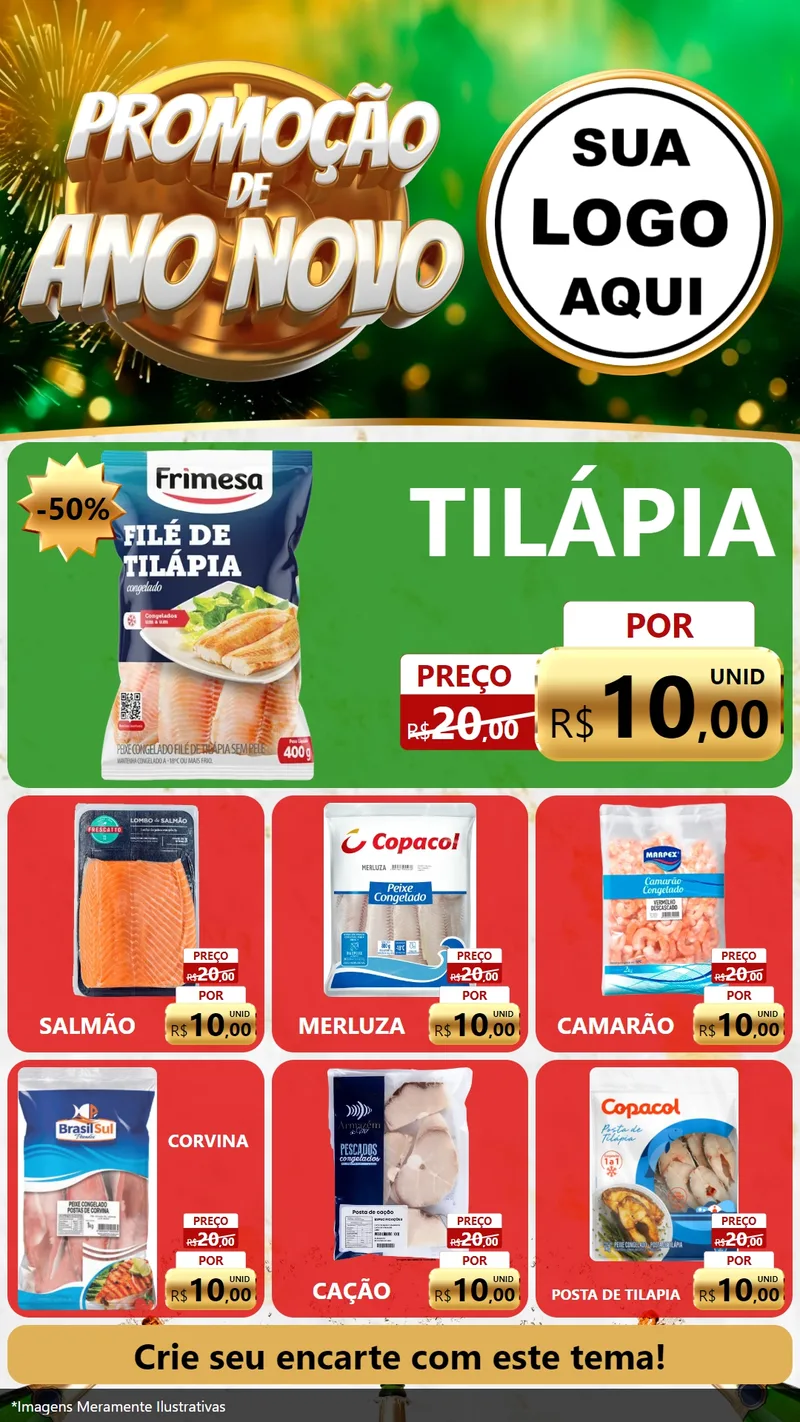 Modelo de Rede Social para Stories com o tema Promoção de Ano Novo para Peixaria