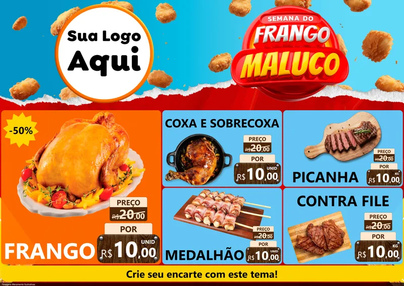 Modelo de Encarte para Encarte A4 Horizontal com o tema Semana do Frango Maluco para Assados