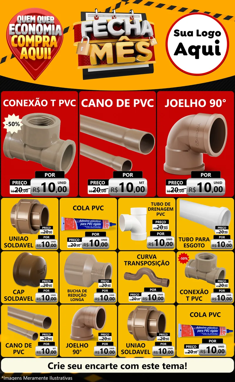 Modelo de Encarte para Encarte Grande com o tema Fecha Mês para Tubos e conexões