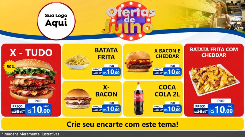 Modelo de TV para TV Horizontal com o tema Ofertas de Julho para Hamburgueria