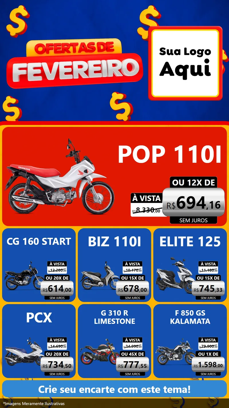 Modelo de Rede Social para Stories com o tema Ofertas de Fevereiro para Concessionaria de Motos