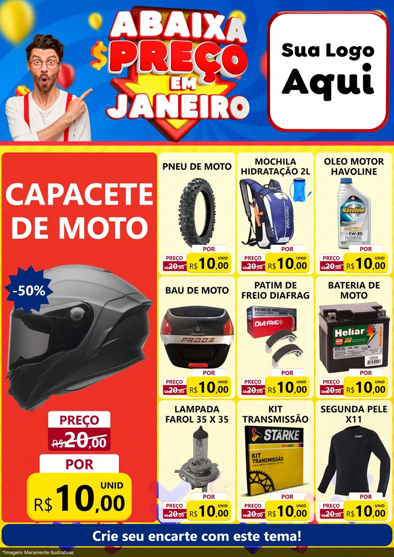 Modelo de Encarte para Encarte A4 Vertical com o tema Abaixa Preço em Janeiro para Moto peças