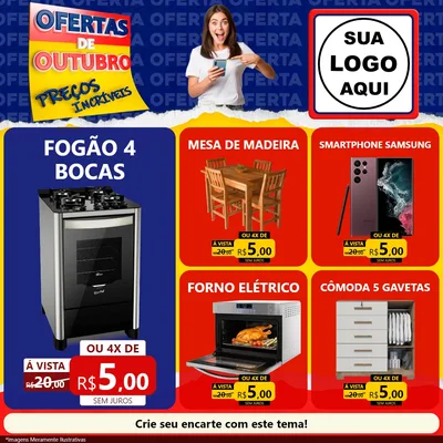 Modelo de Rede Social para Feed Facebook com o tema Ofertas de Outubro - Preços Incríveis para Móveis e Eletro
