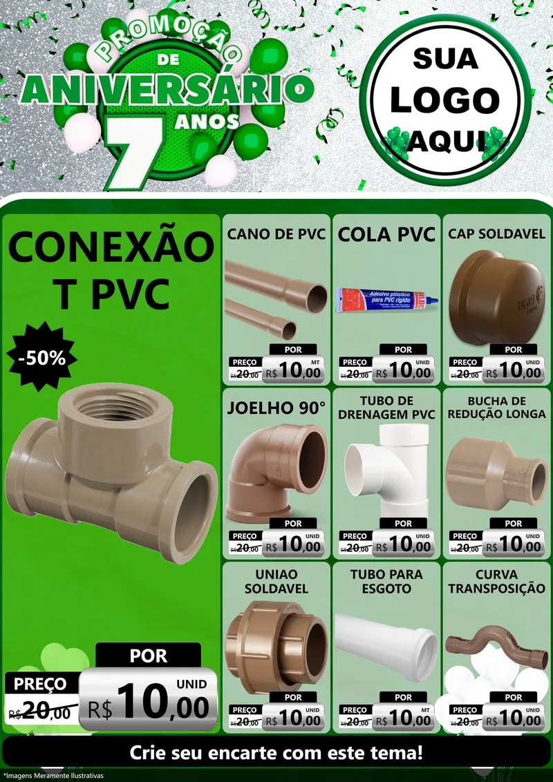 Modelo de Encarte para Encarte A4 Vertical com o tema Promoção de Aniversário - 7 Anos para Tubos e conexões