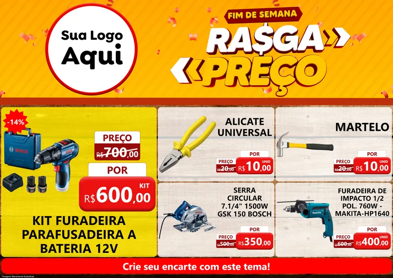 Modelo de Encarte para Encarte A4 Horizontal com o tema Fim de Semana Rasga Preços para Maquinas e Ferramentas